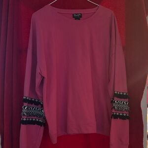 Umgee Rose Sweatshirt with Black and White Sleeve Accents